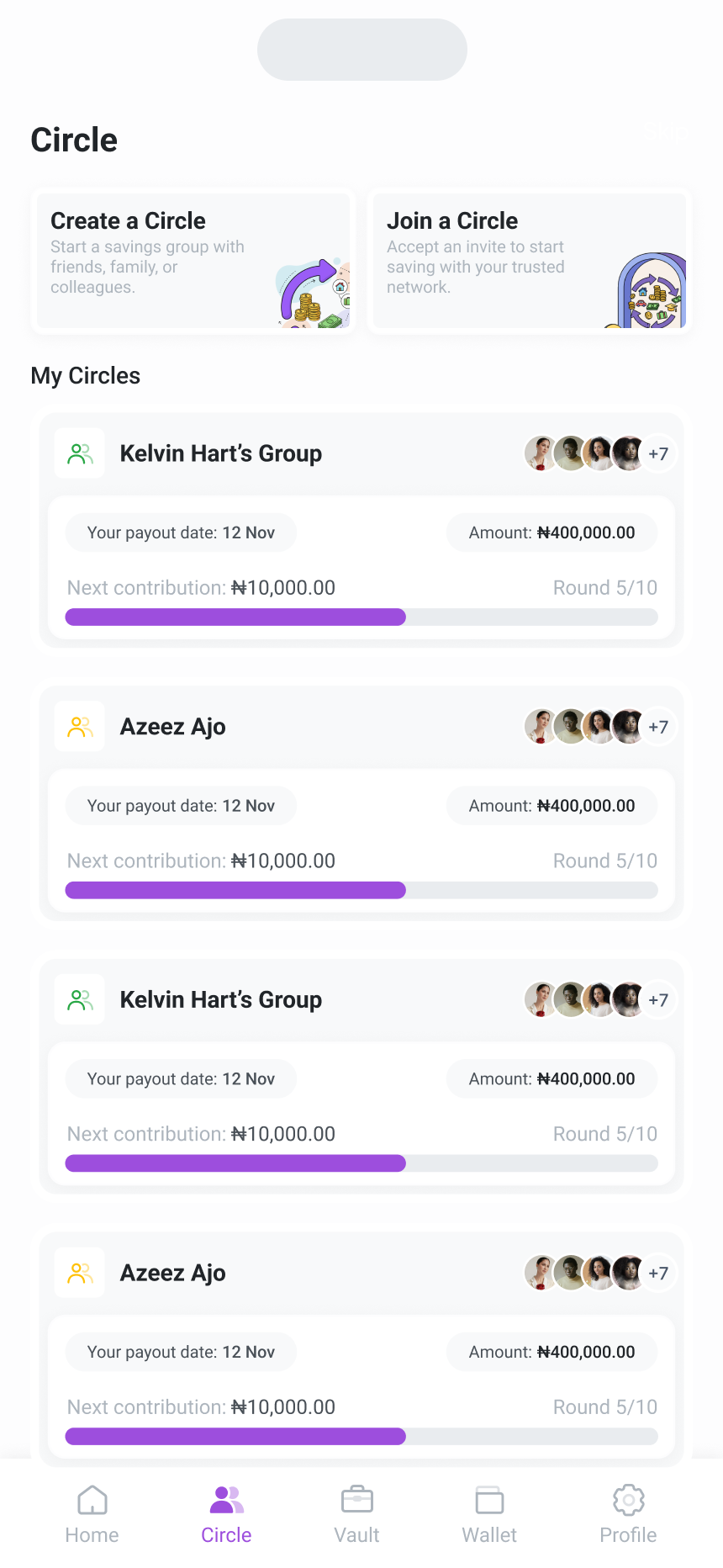Circlify app preview showing contributions